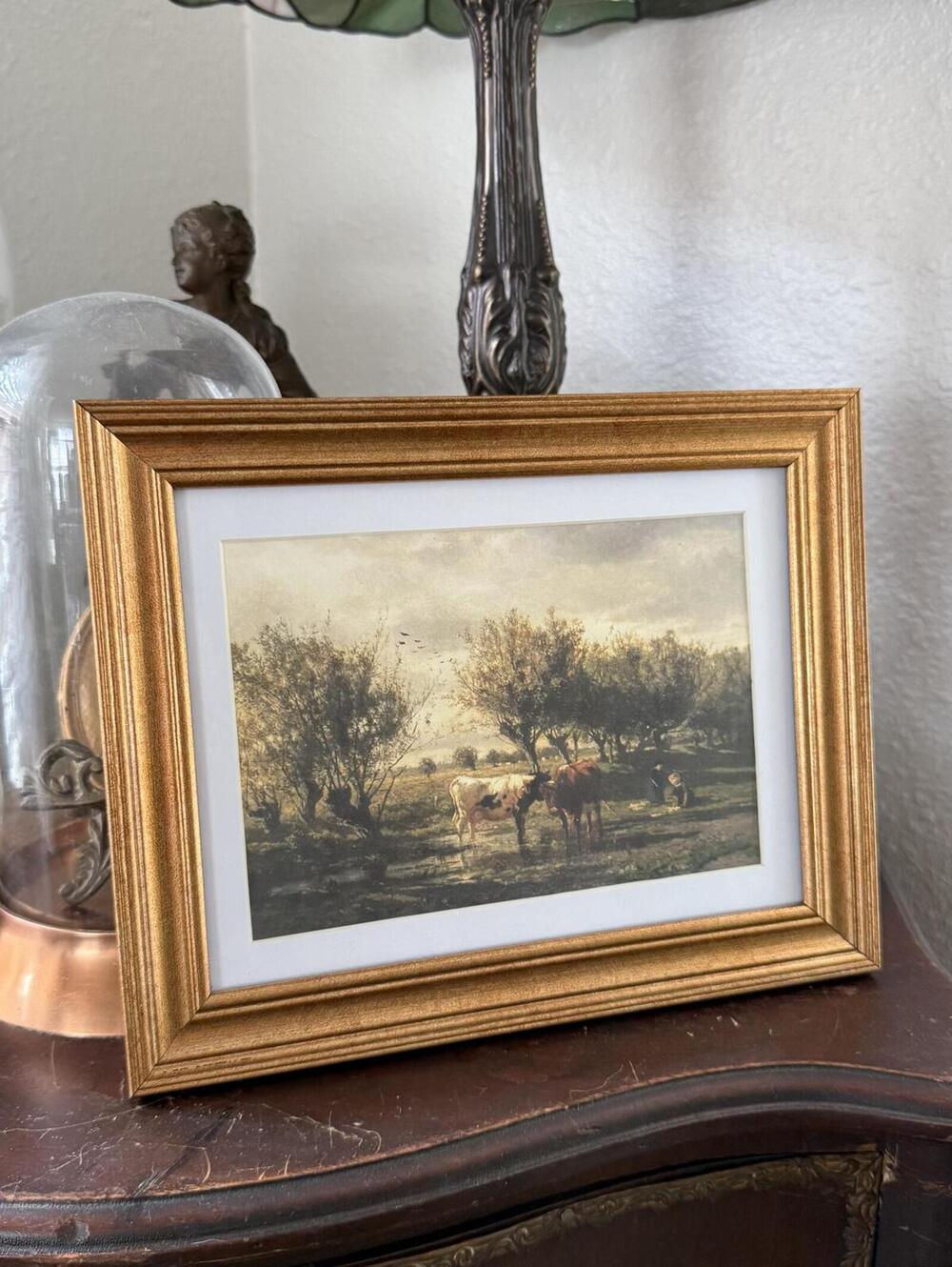 Vintage Style Cow Landscape Scenery Art Print Framed